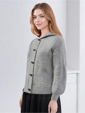 Gray Cable-Knit Button Front Sweater with Hood